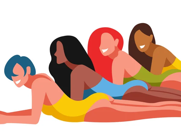 Ilustração Vetorial Sobre Tema Férias Verão Quatro Meninas Trajes Banho — Vetor de Stock