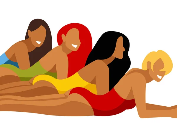 Ilustración Vectorial Sobre Tema Vacaciones Verano Cuatro Niñas Trajes Baño — Archivo Imágenes Vectoriales