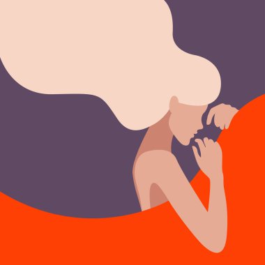 Güzel bir battaniye çizgisi ve saçı pastel renklerde yastığa saçılmış tatlı, uyuyan bir kızın vektör çizimi. Yatak çarşafları, şilteler, battaniyeler, yastıklar, gevşeme ürünleri için kullanışlı