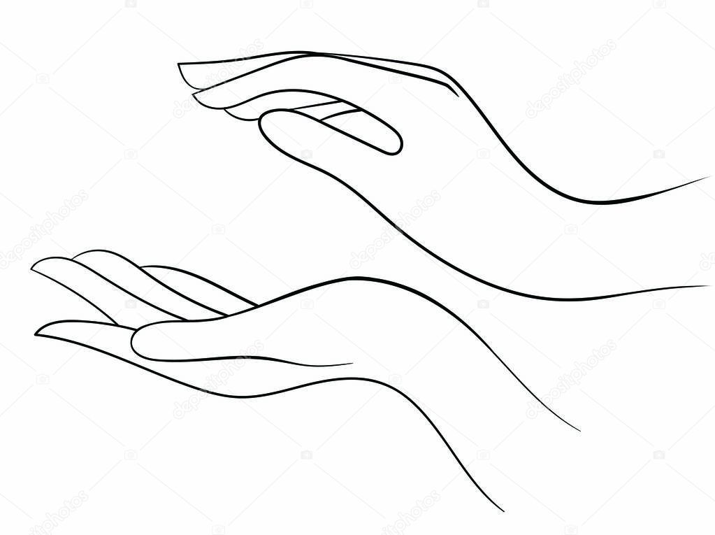 vector line art illustration of two hands palms facing each other isolated on white background. useful as part of the illustration in which you need to add hands, web and graphic design, advertisement