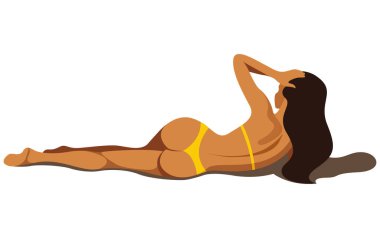 Yaz tatili konulu vektör illüstrasyonu. Sarı bikinili güzel, bronzlaşmış bir kız plaja sırtını dönüyor. Yaz tatilleri, tatil beldeleri, oteller reklamlarında kullanılıyor.