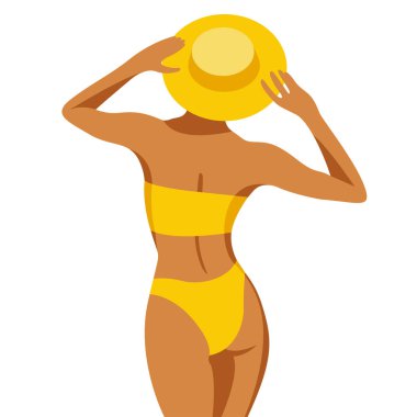 Yaz tatili konulu vektör illüstrasyonu. Sarı bikinili güzel kız beyaz arka planda izole bir şekilde sırtını kumsala dönüyor. Yaz tatili reklamı için kullanışlı