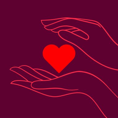 Vektör çizgisi çizimi, avuçlarında pembe renkte bir kalp tutan iki elin çizimi. Sevgililer Günü için kullanışlı, kartpostallar, tasarım elemanları, grafik ve web tasarımı, baskı. elementler izole.