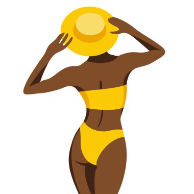 Yaz tatili temasında vektör modayı çizimi. Koyu tenli, sarı mayolu ve şapkalı bir kız kumsalda dinleniyor. Sırtı izole bir şekilde beyaz bir arkaplanda dönüyor..