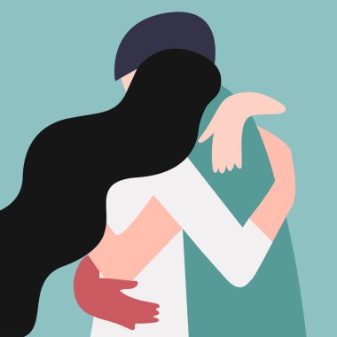 vector stylized illustration of two people in love hugging in a nice color palette. can be used as a card for Valentine's Day or International Hug Day, for print, flyers, wedding invitations.