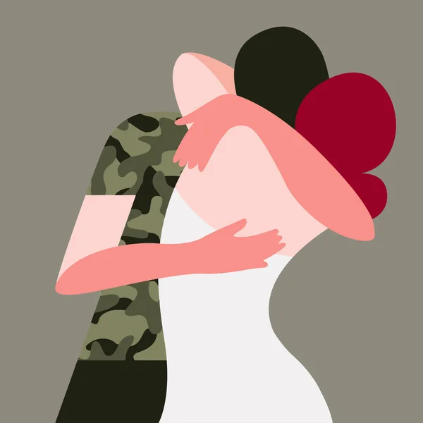 Ilustração Vetorial Duas Pessoas Abraçando Amor Rapariga Abraça Militar Soldado — Vetor de Stock