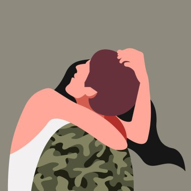 Birbirine aşık iki insanın vektör çizimi. Kız bir askeri kucaklıyor. Asker savaş bölgesinden iş gezisinden döndü. Savaş gazilerinin rehabilitasyonu ve yeniden entegrasyonu.