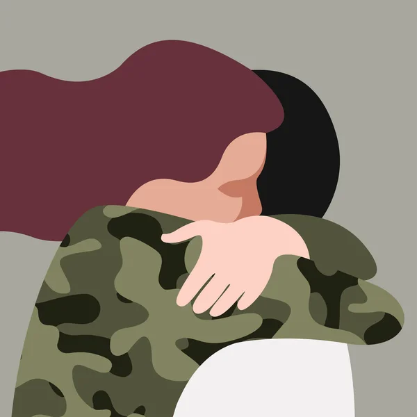 Ilustração Vetorial Duas Pessoas Abraçando Amor Tipo Abraça Uma Militar — Vetor de Stock