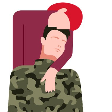 Birbirine aşık iki insanın vektör çizimi. Kız bir askeri kucaklıyor. Asker savaş bölgesinden iş gezisinden döndü. Savaş gazilerinin rehabilitasyonu ve yeniden entegrasyonu.