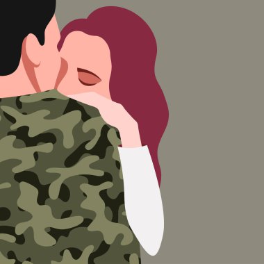 Birbirine aşık iki insanın vektör çizimi. Kız bir askeri kucaklıyor. Asker savaş bölgesinden iş gezisinden döndü. Savaş gazilerinin rehabilitasyonu ve yeniden entegrasyonu.