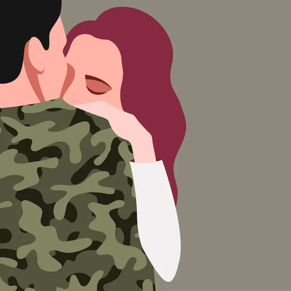 Vektor Illustration Två Kramar Människor Kärlek Flicka Kramar Militär Kille — Stock vektor