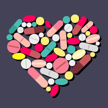 Mor arka planda izole edilmiş tıbbi ilaçlardan çıkarılmış bir kalbin vektör çizimi. Baskı için kullanışlı, kardiyoloji ve kalp sağlığı hakkında tıbbi makaleler için illüstrasyon, Sevgililer Günü kartları