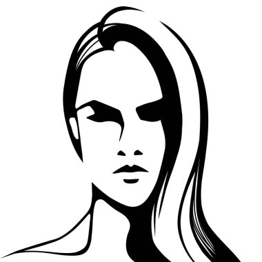 Beyaz arka planda izole edilmiş, güzel uzun saçlı, modern, güçlü bir kadının ışık gölge siluetini çiziyor. Mürekkeple çizilmiş bir resim. Parmak izleri, kartpostallar, posterler, reklamlar için kullanışlı.