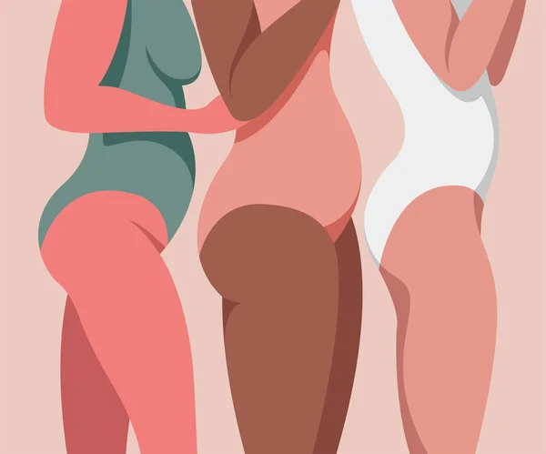 Ilustrace Módních Barvách Téma Tělo Pozitivní Tři Dívky Různými Těly — Stockový vektor