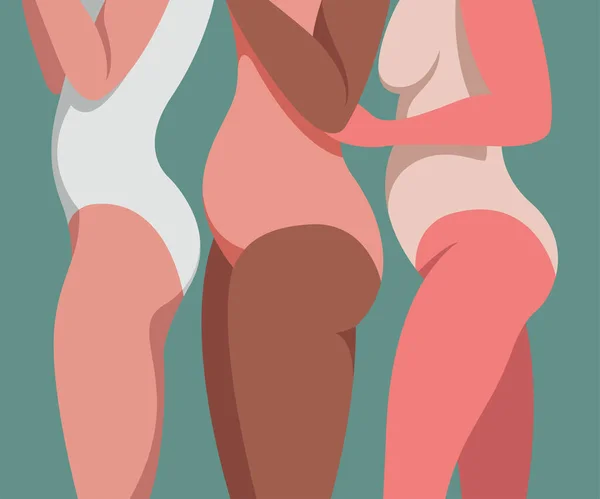 Ilustración Colores Moda Sobre Tema Del Cuerpo Positivo Tres Chicas — Vector de stock