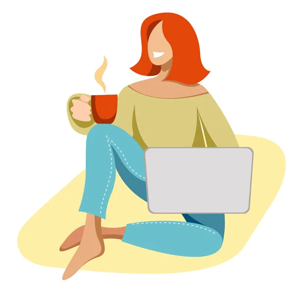 Vector Illustration Girl Sitting Comfortably Relaxed Position Cup Hot Drink — Stock Vector