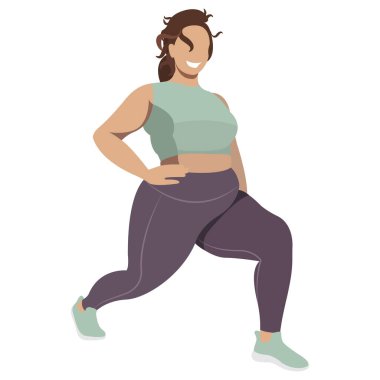 Vektör illüstrasyonunda spor üniformalı (tayt ve spor sutyeni) bir kız (spor sutyeni), beyaz arka planda izole edilmiş iyi bir modda fitness yapar. Spor stüdyoları ve programları için kullanışlı