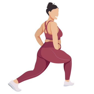 Vektör illüstrasyonunda spor üniformalı (tayt ve spor sutyeni) bir kız (spor sutyeni), beyaz arka planda izole edilmiş iyi bir modda fitness yapar. Spor stüdyoları ve programları için kullanışlı