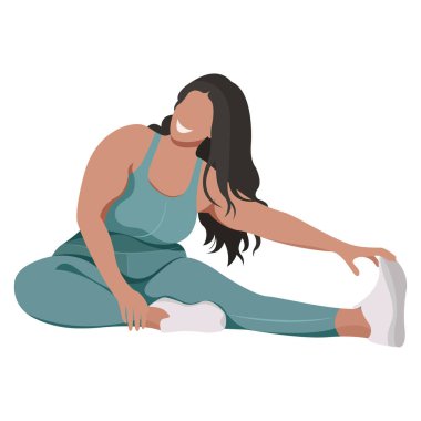 Vektör illüstrasyonunda spor üniformalı (tayt ve spor sutyeni) bir kız (spor sutyeni), beyaz arka planda izole edilmiş iyi bir modda fitness yapar. Spor stüdyoları ve programları için kullanışlı