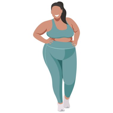 Vektör illüstrasyonunda spor üniformalı (tayt ve spor sutyeni) bir kız (spor sutyeni), beyaz arka planda izole edilmiş iyi bir modda fitness yapar. Spor stüdyoları ve programları için kullanışlı