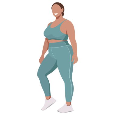 Vektör illüstrasyonunda spor üniformalı (tayt ve spor sutyeni) bir kız (spor sutyeni), beyaz arka planda izole edilmiş iyi bir modda fitness yapar. Spor stüdyoları ve programları için kullanışlı