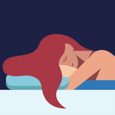 Yatakta tatlı tatlı uyuyan, siyah arka planda yastığa saçılmış saçları olan bir kızın tasarım tasviri. Reklam gevşeme ürünleri, uyku ürünleri, sağlıklı yaşam tarzları için kullanışlı