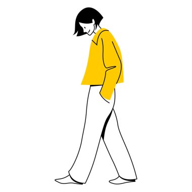 Sarı aksanlı, minimalist doğrusal tarzda modern bir kadın karakterin vektör çizimi. Beyaz arka planda izole edilmiş, web, uygulama ve editoryal tasarım için uygun bir düz tasarım kadın.