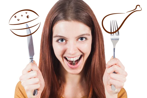 Girl preparing for fast food, holding weight in mouth — Stock Photo, Image