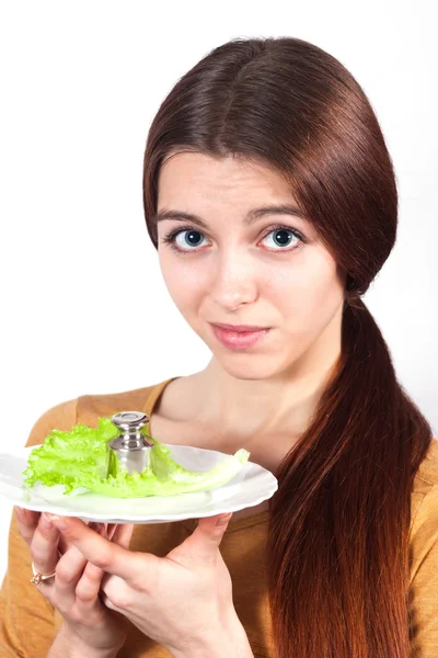 Girl and heavy food — Stock Photo, Image