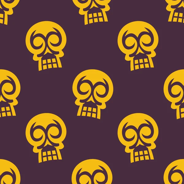 Goldener Maya-Totenkopf auf violettem Hintergrund mit nahtlosem Muster — Stockvektor