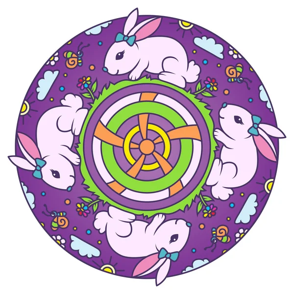 Bunny färgglada runda Mandala prydnad — Stock vektor