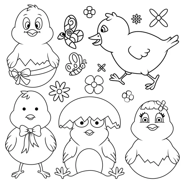Set de arte de línea de pollo de dibujos animados Pascua —  Fotos de Stock
