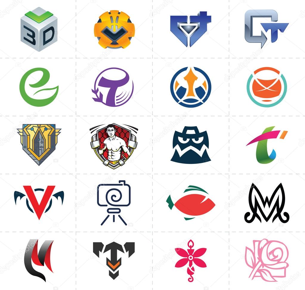 A set of vector signs/symbols and logos that can be used in different domains. Contain symbols like: sphere, cube, fish, digital camera, flower, rose, mail, shields, fighter, monster and all kind of letters logo (letter T, letter M, letter V, letter