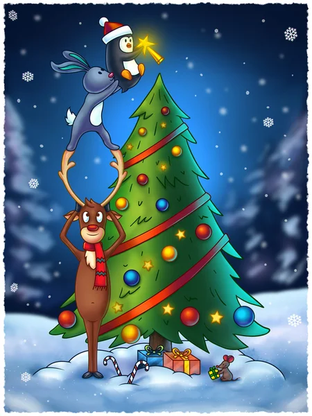 Animales decorando un árbol de Navidad - Digital Painting Illustrat —  Fotos de Stock