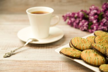 Kupası ve çikolatalı kurabiye masada