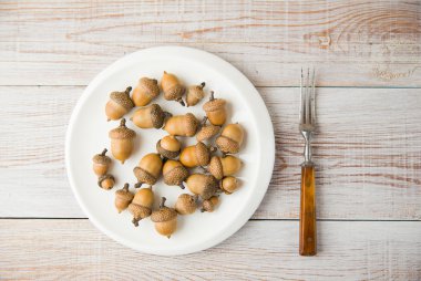 Acorns, plate and fork on the table clipart
