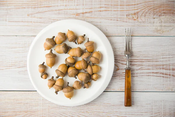 Acorns, plate and fork on the table — Stock Photo, Image