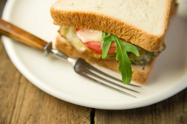 Sanduíche com costeleta e legumes no prato — Fotografia de Stock