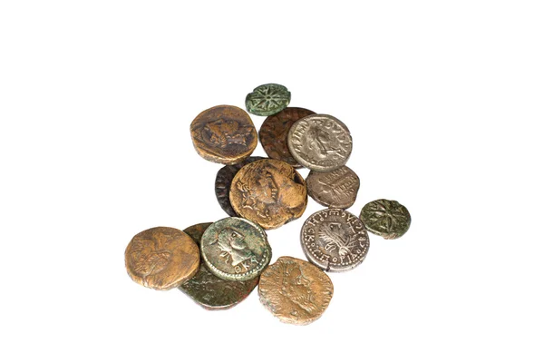 Vintage bronze ann silver coins on a white background — Stock Photo, Image