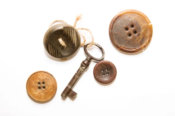 A lot of vintage button, Old key with affection for him a button — Stock Photo, Image