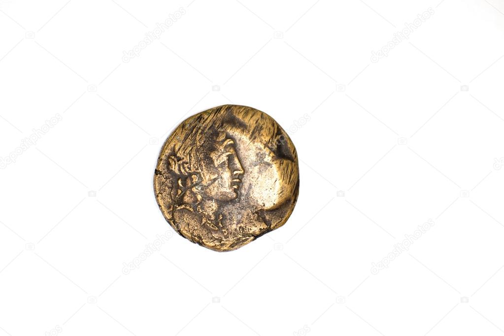 One vintage bronze coin on white background