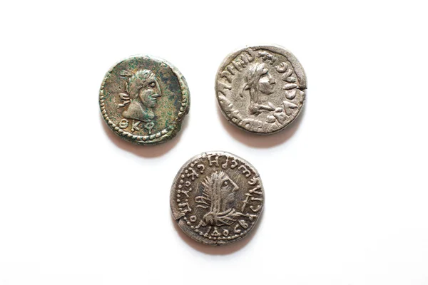 Vintage silver coins with portraits on a white background — Stock Photo, Image