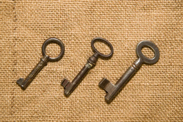 O mulțime de chei de epocă pe pânză veche — Fotografie, imagine de stoc