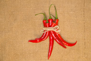 Şili biber ile eski bez bir ipe bağlı