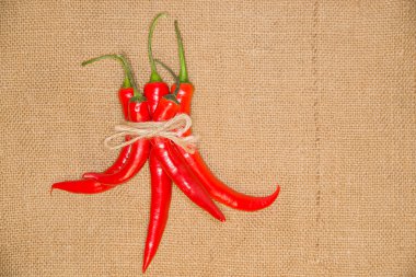 Şili biber ile eski bez bir ipe bağlı