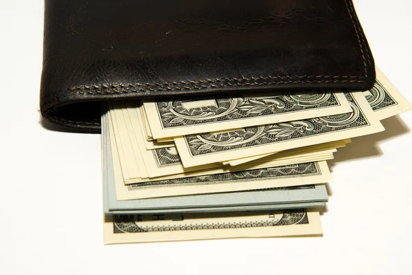 与我们美元钞票的旧钱包里面 — 图库照片