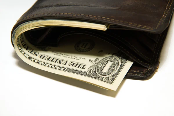 Gamla plånbok med sedlar av oss dollar inuti — Stockfoto