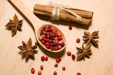 Biber, tarçın ve star anis taneleri karışımı kaşıkla