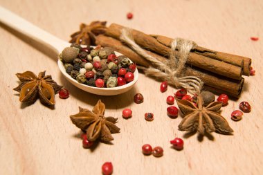 Biber, tarçın ve star anis taneleri karışımı kaşıkla