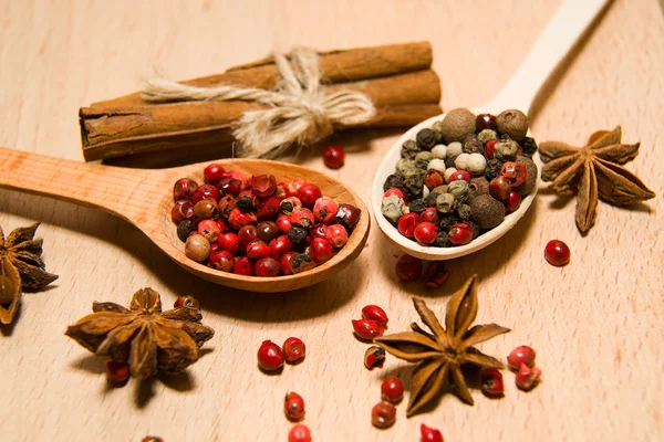 Cucharas con una mezcla de granos de pimienta, canela y ani estrella — Foto de Stock